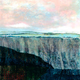 CLOSE UP OF LAYERED COLLAGE LANDSCAPE ART BY DANIELLE MORGAN. BLUE AND GREEN PALETTE WITH GOLD TEXTURAL MARKS. INSPIRED BY NORTHERN IRELAND'S LANDSCAPE