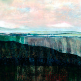 CLOSE UP OF LAYERED COLLAGE LANDSCAPE ART BY DANIELLE MORGAN. BLUE AND GREEN PALETTE WITH GOLD TEXTURAL MARKS. INSPIRED BY NORTHERN IRELAND'S LANDSCAPE