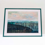 below earth mised media piece by danielle morgan. deep green, teal blue and pops of gold textures depict the northern irish landscape. framed in forest green