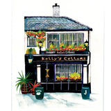 Watercolour illustration of Kelly’s Cellar in Belfast, with a black pub front, flower boxes and slate roof.