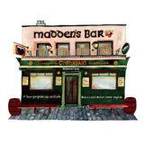 Watercolour illustration of Madden’s Bar in Belfast, with a cream upper facade, green pub front and red benches.