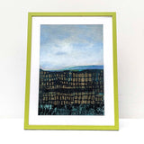 MOOD STONE ORIGINAL MIXED MEDIA ART BY DANIELLE MORGAN. DARK GREEN MURKY TONES WITH POPS OF GOLD ACCENTS AND UNDER WATER TEAL SHADES. Zesty green frame