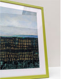 MOOD STONE ORIGINAL MIXED MEDIA ART BY DANIELLE MORGAN. DARK GREEN MURKY TONES WITH POPS OF GOLD ACCENTS AND UNDER WATER TEAL SHADES. Zesty lime green frame