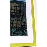 MOOD STONE ORIGINAL MIXED MEDIA ART BY DANIELLE MORGAN. DARK GREEN MURKY TONES WITH POPS OF GOLD ACCENTS AND UNDER WATER TEAL SHADES. Zesty lime green frame