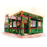 Watercolour illustration of Belfast’s Morning Star pub, with a green and gold facade and hanging flower baskets.