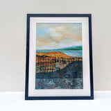 ORIGINAL MIXED MEDIA LANDSCAPE ART IN BLUE FRAME BY DANIELLE MORGAN. BLUE, GREEN AND GOLD TONES