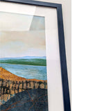 ORIGINAL MIXED MEDIA LANDSCAPE ART IN BLUE FRAME BY DANIELLE MORGAN. BLUE, GREEN AND GOLD TONES