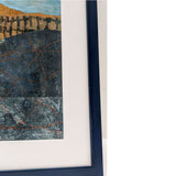 ORIGINAL MIXED MEDIA LANDSCAPE ART IN BLUE FRAME BY DANIELLE MORGAN. BLUE, GREEN AND GOLD TONES