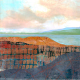 string of hearts landscape piece by Danielle Morgan. loose playful lines in colours of rust, gold, green and blue