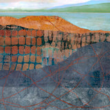 string of hearts landscape piece by Danielle Morgan. loose playful lines in colours of rust, gold, green and blue