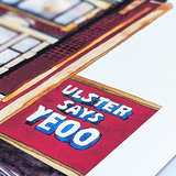 Close-up of the red ‘Ulster Says Yeoo’ sign in the Ulster Sports Club watercolour print.