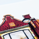 Detail of Ulster Sports Club’s red-brick gable, 1935 plaque and street lamp in the watercolour print.