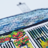Close-up of the slate roof and hanging flower baskets in the Kelly’s Cellar watercolour print.