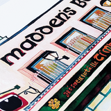 Close-up of Madden’s Bar watercolour showing the cream facade, pub lettering and upstairs windows.