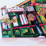 Detail of the Morning Star pub illustration showing its hanging sign, green facade and flower baskets.