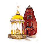 Watercolor-style illustration of a small architectural scene featuring a yellow domed bandstand beside a red brick building labeled "Bittles Bar," on a white background.