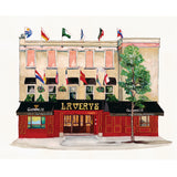 A watercolor-style illustration of a pub facade labeled 'LAVERY'S' with 'GUINNESS' on the awnings, multiple national flags, a tree, and a light neutral background.
