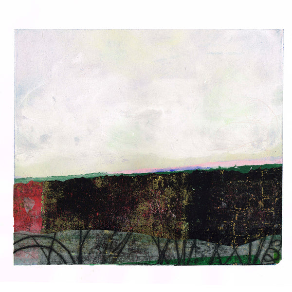 Green, grey, pink and black mixed media art piece by Danielle Morgan. Collaged handmade paper depicting an irish landscapendscape.