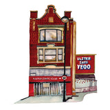 Watercolour illustration of Ulster Sports Club in Belfast, with red brickwork and an ‘Ulster Says Yeoo’ sign.