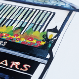 Detail of Kelly’s Cellar watercolour showing an upstairs window, colourful flowers and a wall lantern.
