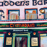 Detail of Madden’s Bar illustration showing upstairs windows, Irish lettering and the green doorway.