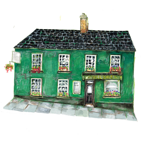 A mixed media sketch of the Hillside Pub in Hillsborough By Danielle Morgan from Flax Fox