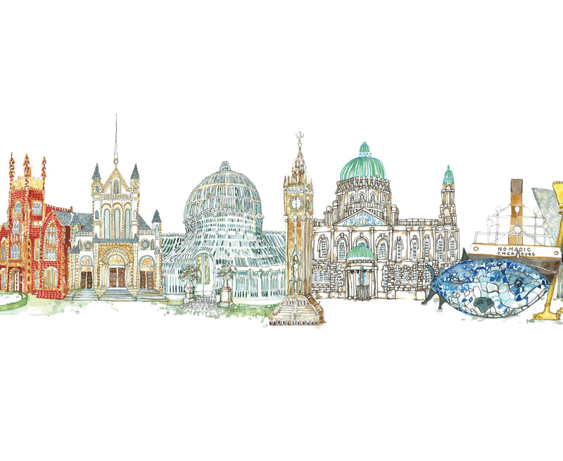 close up watercolour sketch of Belfast landmarks by flax fox