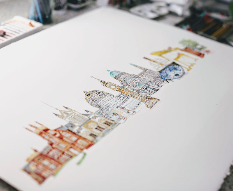 watercolour sketch of Belfast landmarks by flax fox