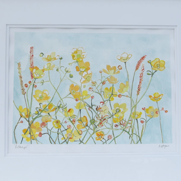 close up of Buttercups in the wind watercolour painting by Danielle Morgan from Flax Fox