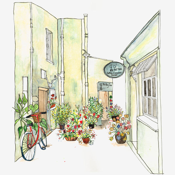 Watercolour sketch of The Bay Tree Holywood by Danielle Morgan Flax Fox