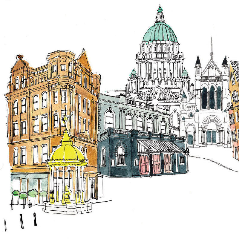 A close up section of Belfast Skyline print by Flax Fox