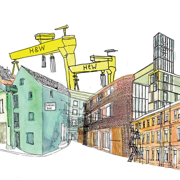 A close up section of Belfast Skyline print by Flax Fox